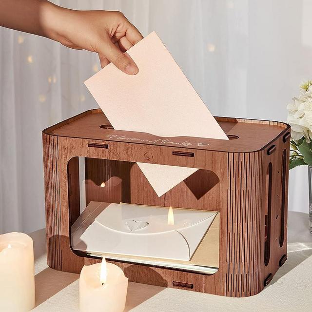 AW BRIDAL Wedding Card Box Acrylic Envelope Money Box Rustic Wedding Card Holder for Birthday Party Engagement Bridal Shower Gifts, Red-Brown
