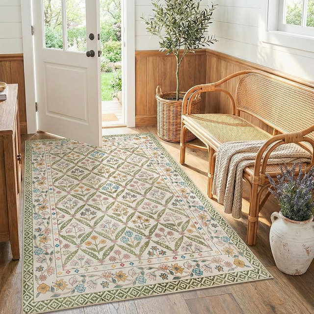 jinchan Haden 4x6 Floral Area Rug Vintage Cottage Decor Soft Non-Slip Low Pile Washable for Bedroom Dining Room Home Office Apartment Small Living Room Carpet Sage Green