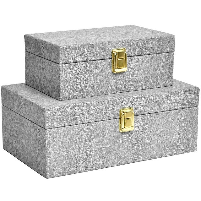 DECOR4SEASON Faux Shagreen Leather Decorative Storage Boxes Set of 2, Light Grey