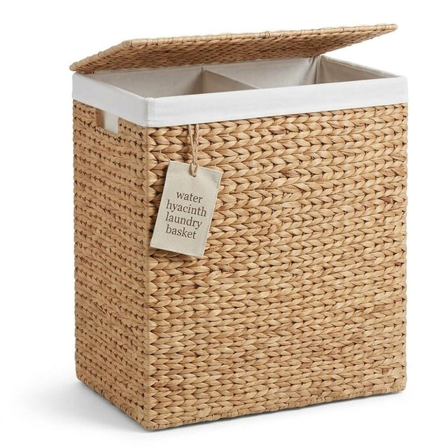 DEILSY™ Natural Water Hyacinth 2-Section Hamper with Lid and Removable Liner Bags, Decorative Laundry Hamper, Handwoven Wicker Laundry Basket with Handles for Bathroom, Bedroom, or Laundry Room
