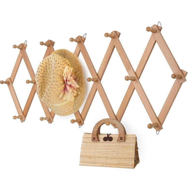 SCUNDA Wall Rack with 16 Hooks, Wooden Wall Expandable Coat Rack for Coat, Hats, Baseball Caps, Coffee Mug, Jewelry(Natural)