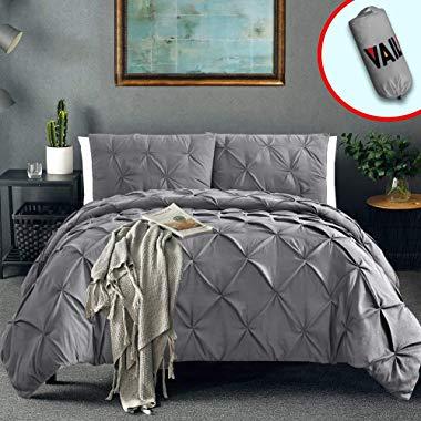 Vailge 3 Piece Pinch Pleated Duvet Cover with Zipper Closure, 100% 120gsm Microfiber Pintuck Duvet Cover, Luxurious & Hypoallergenic Pintuck Decorative(Grey, King)