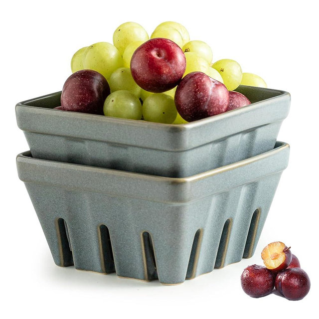 Gomakren Fruit Bowl with Holes, Ceramic Berry Basket Set of 2, 5.7 Inch Square Fruit Basket for Kitchen, Berry Containers for Table, Modern Kitchen Decor, Slate Blue