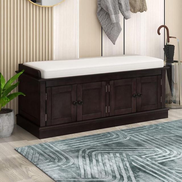 P PURLOVE Wood Storage Bench with 4 Doors and Adjustable Shelves, Shoe Bench with Removable Cushion for Living Room, Entryway