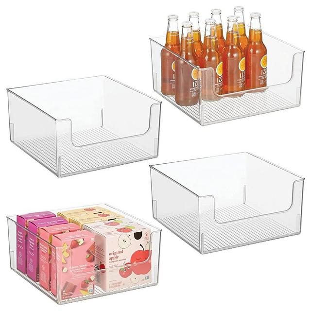 mDesign Plastic Open Front Food Storage Bin for Kitchen Cabinet, Pantry, Shelf, Fridge/Freezer - Organizer for Fruit, Potatoes, Onions, Drinks, Snacks, Pasta - 12 Inch Wide - 4 Pack - Clear