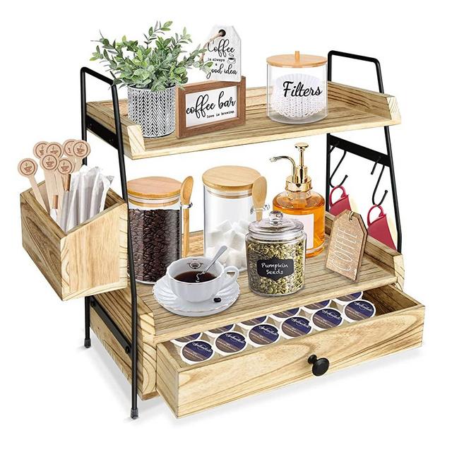 Coffee Bar Accessories and Organizer Countertop, Coffee Station Organizer with Drawer and Coffee Filter Holder, 2 Tier Kitchen Counter Shelf Organizer,Coffee Condiment Storage, Shelf for Bathroom