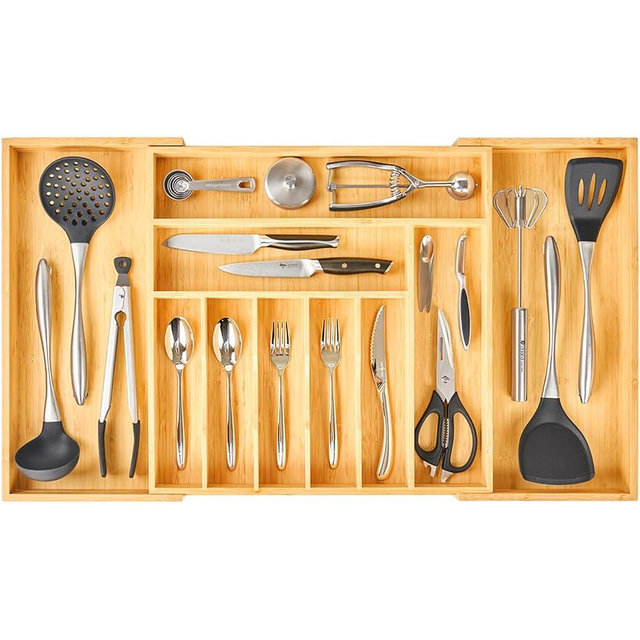 Umilife Extra Large Expandable Kitchen Siverware Utensils Drawer Organizer, 19" Deep for Big Drawer, Adjustable Bamboo Wood Drawer Divider with Curved Grooves, Cutlery Tray Flatware Holder