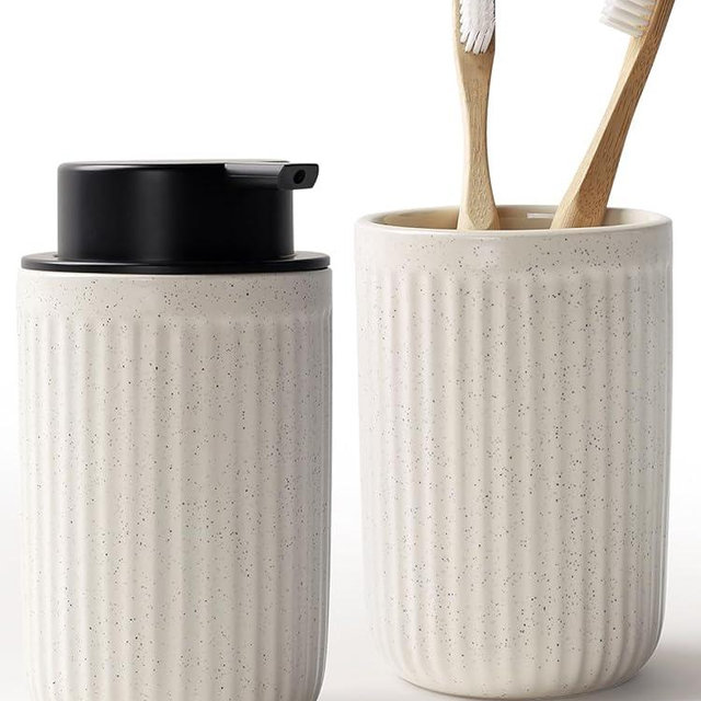 Bosilunlife Soap Dispenser and Toothbrush Holder Set - Dish Hand Soap Dispenser Bathroom Set Ceramic Bathroom Counter Soap Toothbrush Holder Set Beige Bathroom Accessories Set