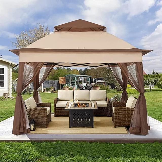 COOSHADE 11x11Ft Easy Pop Up Gazebo Tent Instant Outdoor Canopy Shelter with Mosquito Netting Walls(Beige)
