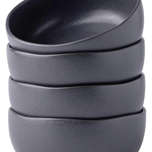 AmorArc Stoneware Cereal Bowls for Kitchen, 28oz Large Ceramic Soup Bowls Set of 4 for Meal, Snacks,Soup, Oven, Microwave&Dishwasher safe Kitchen Bowls with Wavy Rim, Speckled Black