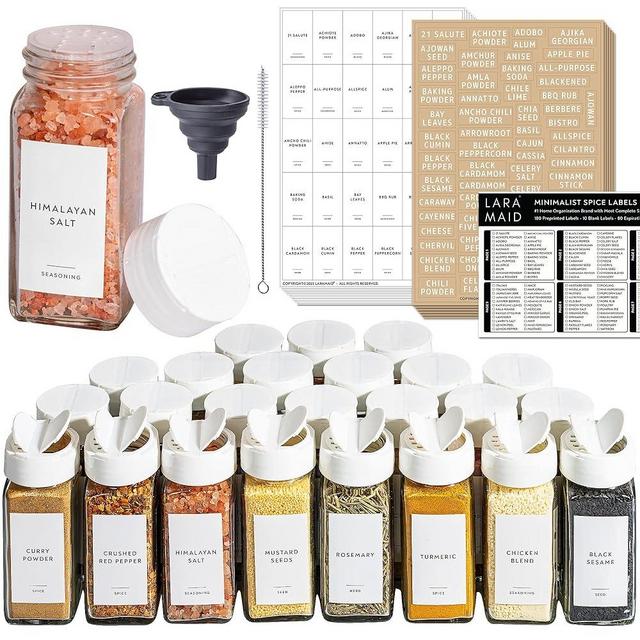 Laramaid 4oz 48Pack Glass Jars with 304 Minimalist White Premium Spice Labels, White Plastic Shaker Lid Dispenser, Black Chalk Marker, Cleaning Brush and Collapsible Silicone Funnel Complete Spice Jar Set