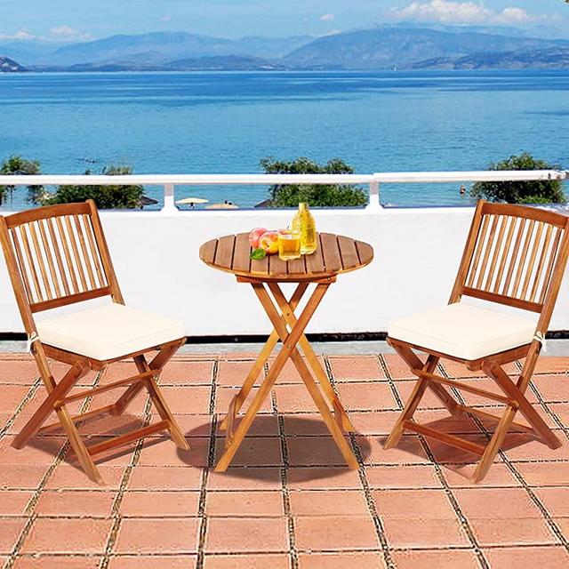 DORTALA 3 Pieces Outdoor Folding Bistro Set, Garden Chair and Table Set Acacia Wood Frame w/Padded Cushion, Patio Bistro Furniture Set w/Round Table & 2 Chairs (Natural & Beige)