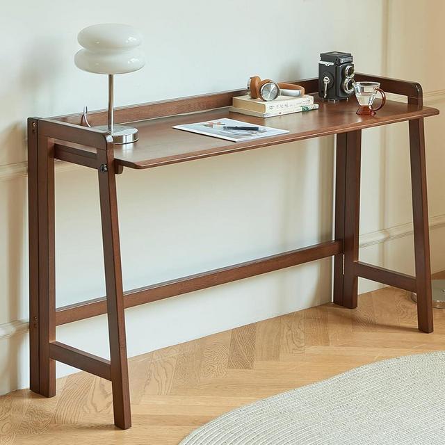 Solid Wood Folding Desk Mid Century Modern Desk, 39'' Foldable Writing Computer Desk for Home Office, Simple Study Makeup Workstation, Wooden Study Office Desk Table for Small Spaces, Walnut Color