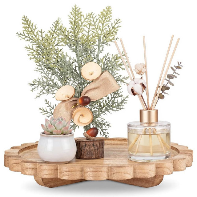 Yookeer Natural Wood Scalloped Wood Riser Tray Soap Rustic Bathroom Decoration Scalloped Stand Soap Tray Wooden Decorative Pedestal for Bathroom Kitchen Dishes Plant Display Decor (10'',Round)