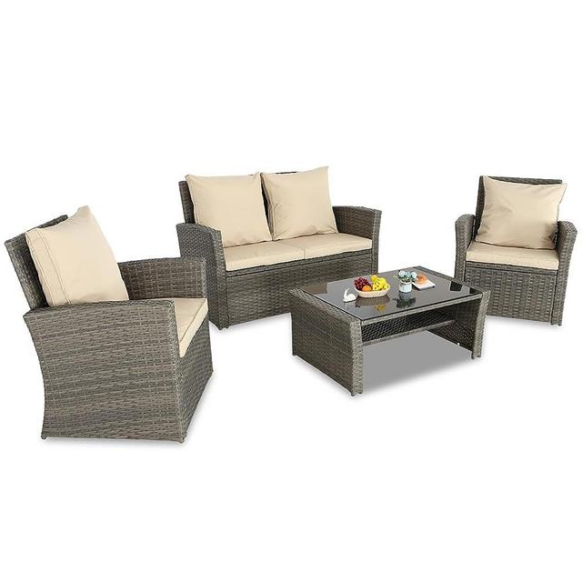 Do4U 4 Pieces Patio Furniture Sets Outdoor Sectional Wicker Set Outdoor Conversation Set Patio Set Patio Loveseats with Coffee Table Porch, Poolside, Terrace, and Yard (Grey-Beige)