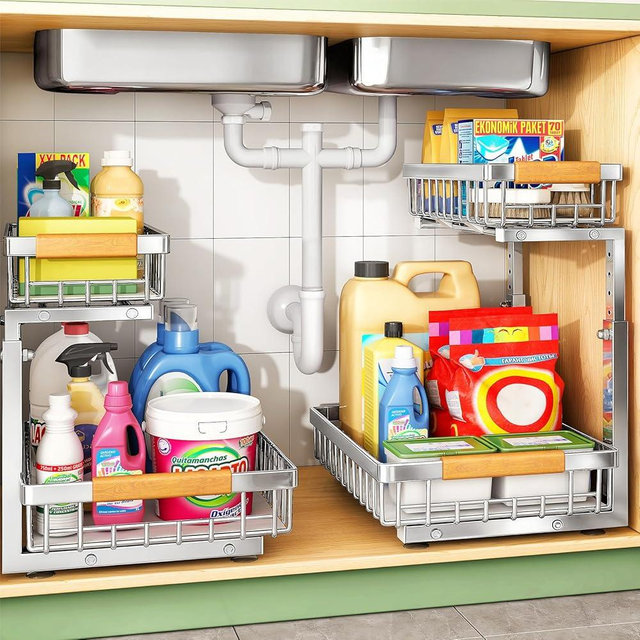 Under Sink Organizer, Stainless Steel 1-Pack 2 Tier Under Sink Organizers and Storage, Slide out Pull out Cabinet Shelf, Sliding Drawer for Kitchen Bathroom Pantry Cabinet Closet Organization Rack
