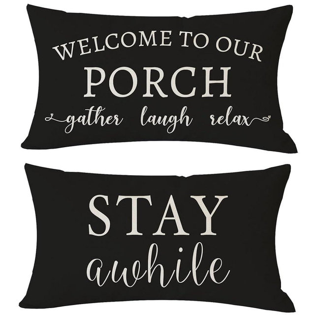 PANDICORN Welcome to Our Porch Stay Awhile Farmhouse Black and White Outdoor Lumbar Decorative Throw Pillow Covers 12x20 Inch Set of 2 Cozy Relax Porch Patio Decorations for Home Couch Bench Decor