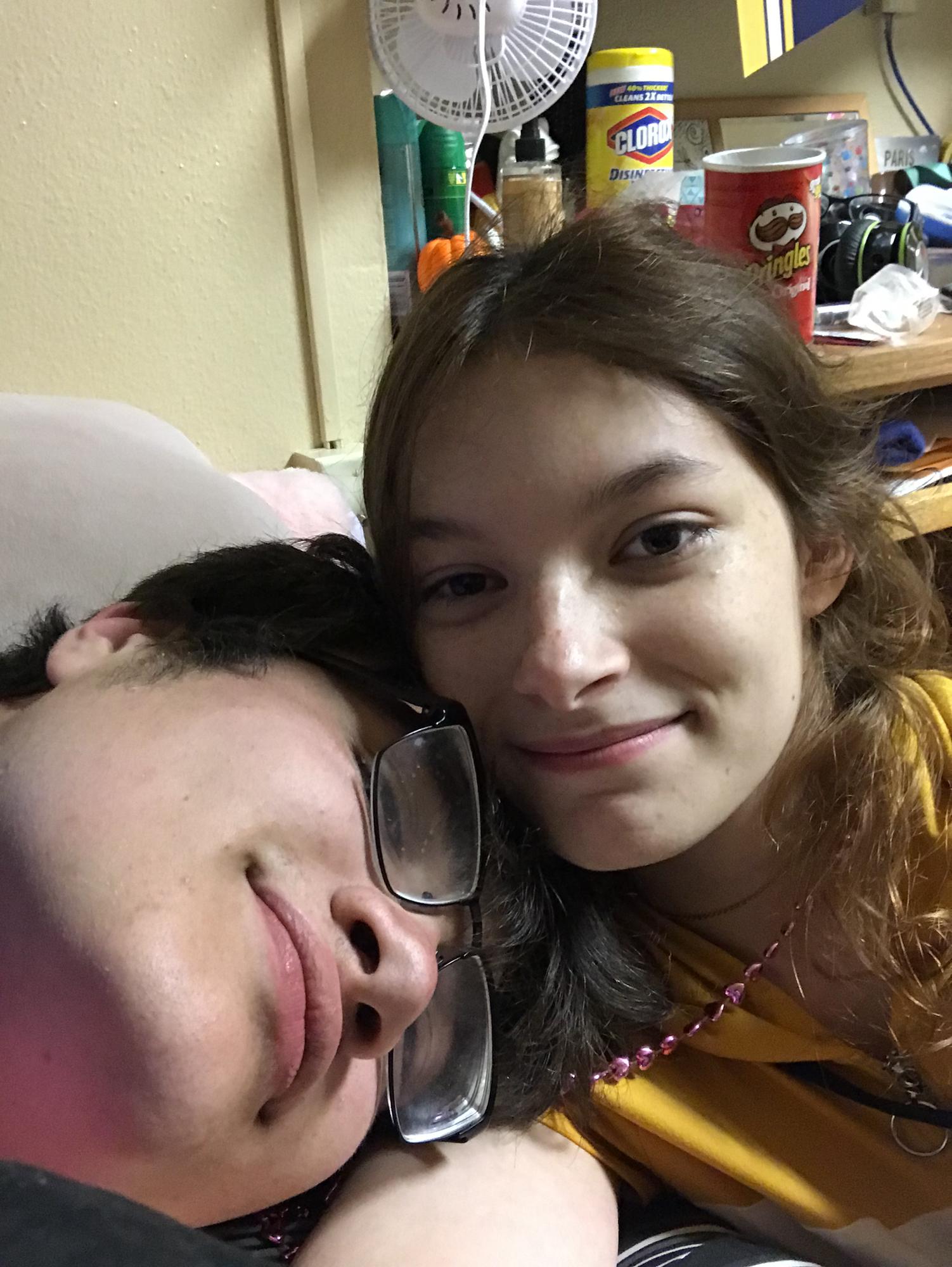 Feb. 14, 2019
Our first Valentine's Day together. I somehow tangled some beaded necklaces so that they were unbreakable and I put one of them on Henry and said "You're trapped now there is no escape"