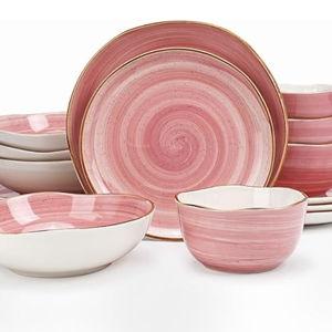 Highland 16-Piece Dinnerware Set Service for 4, Organic Shape Stoneware Plates and Bowls Set, Scratch Resistant, Microwave and Dishwasher Safe, Speckled Effect Handcrafted, Swirl Pink
