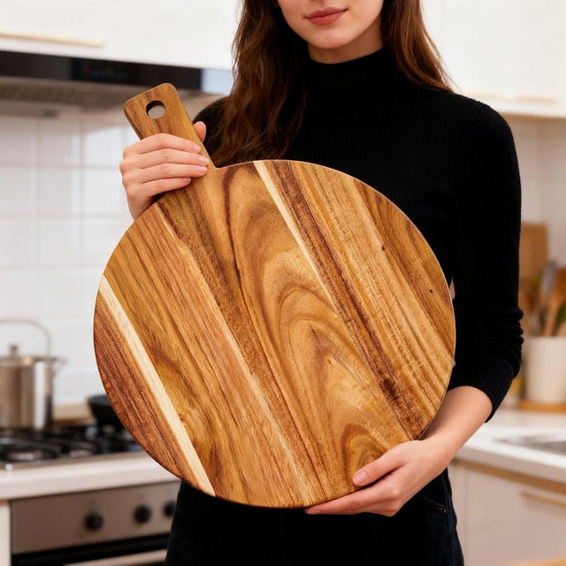 Large Acacia Wood Cutting Board with Handle 17''X13'', Charcuterie Board, Serving Board, Chopping Board for Meat, Cheese, Bread, Vegetables & Fruits (Round)