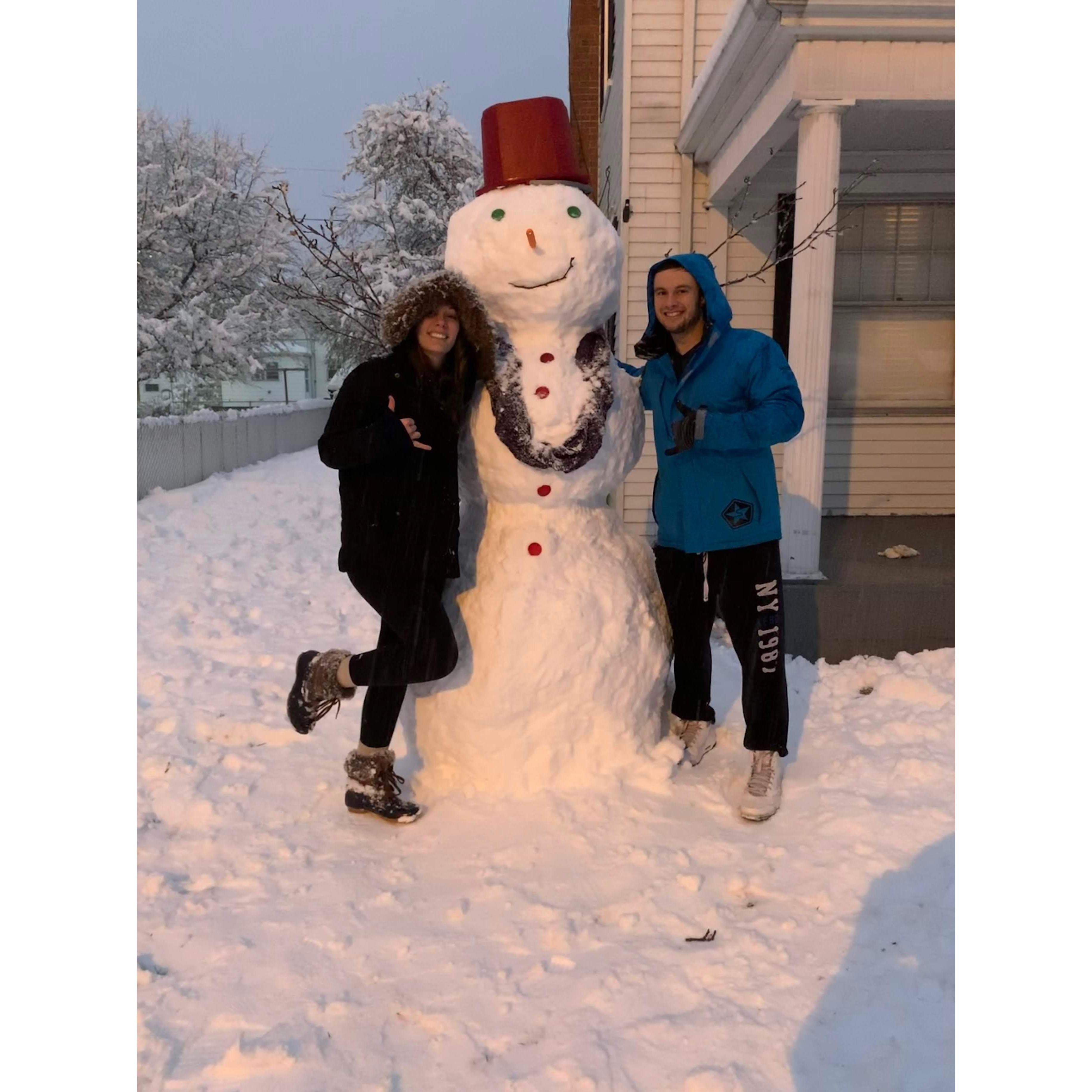 Built our first snowman together. By the way, leftover jello-shots work wonderfully as the buttons and eyes!  (Christmas 2018)