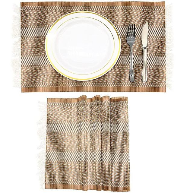 ANDSTAR Set of 4 Pcs Bamboo Placemats Natural Anti-Slip Bamboo Placemats Washable Heat-Resistant Table Mats for Dining Room and Kitchen（Brown+White,with Fringed）