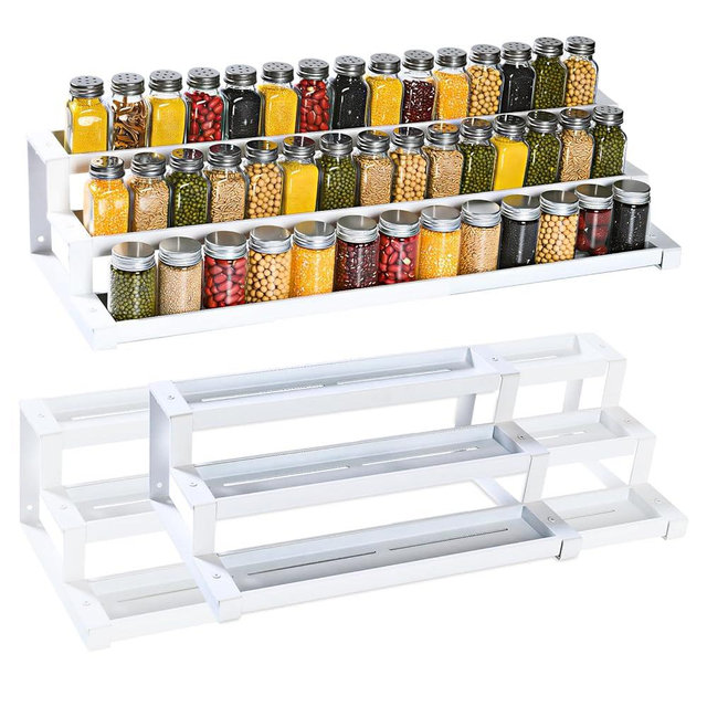 3-Tier Spice Rack Organizer for Kitchen Cabinet or Pantry, 16"-29" Expandable Spice Organization Shelf, Seasoning Organizer, Metal Display Shelf, Slip-Resistant Design for Jars and Bottles, White