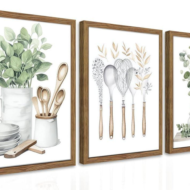Sage Green Kitchen Canvas Wall Art Set of 3 – Framed Minimalist Eucalyptus Leaves Wall Decor Artwork, Modern Dining Room Plant Pictures Poster Prints for kitchen Home Decoration – 12x16in