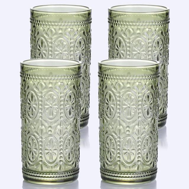 abrwyy Green Drinking Glasses Set of 4, Vintage Drinking Glasses, Colored Glassware Drinking, Highball Beverage Glasses Cup, Vintage Glassware Set for Water, Juice, Cocktail, Coffee