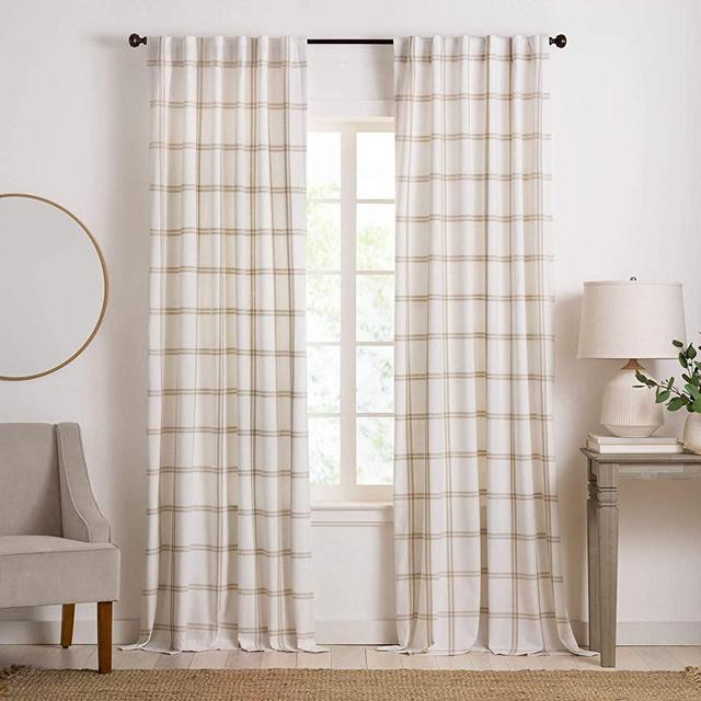 Elrene Home Fashions Farmhouse Double Windowpane Plaid Window Curtain Panel for Living, Bedroom, Dining Room, 52 in x 95 in (1, White/Linen