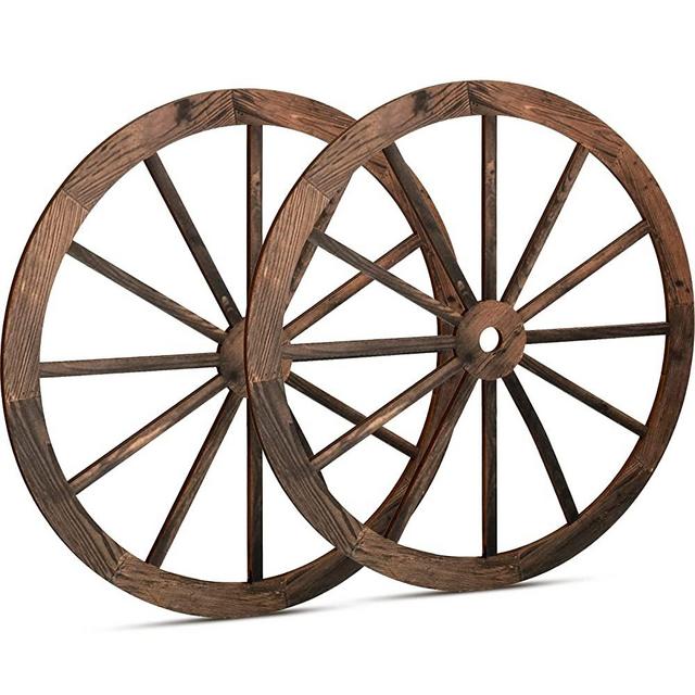 Qunclay 2 Pcs 12 Inch Wagon Wheel Decor Wooden Western Cowboy Party Decorations Vintage Rustic Wagon Wheel Wood Cartwheel Decor for Bar Garage Indoor Outdoor (Brown)