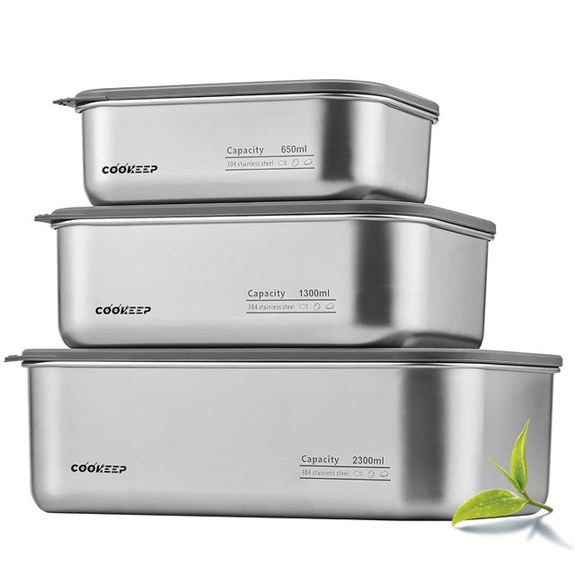 cookeep 3 pcs Stainless steel food storage containers With lids，metal food storage containers with lids， lunch box，Easy Clean,Airtight & Leakproof for kitchen storage，Dishwasher safe (22oz+44oz+77oz)