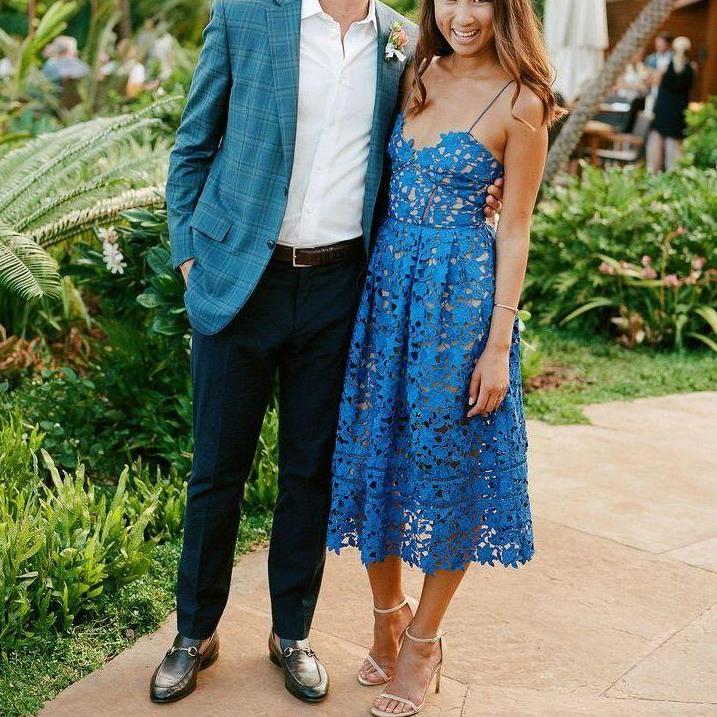Blue Sport Jacket and Blue Tea-length Dress