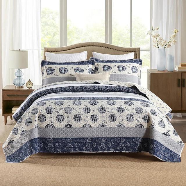 Homzard Quilt Queen Size - Queen Comforter Set,Navy Blue Beige Grey All Cotton Quilted Bedspread Set,Striped Floral Pattern Quilt Set,Lightweight Paisley 3 Piece Bedding,All Seasons.