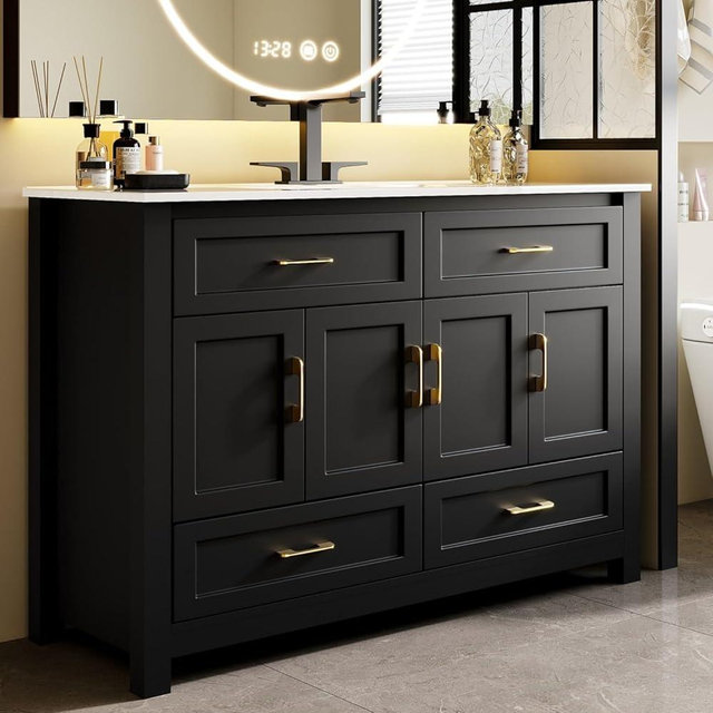 synetholith 48" Black Bathroom Vanity with Sink Combo,Freestanding Bathroom Vanities,Modern Bathroom Storage Cabinet with 4 Drawers & 4 Soft-Close Doors