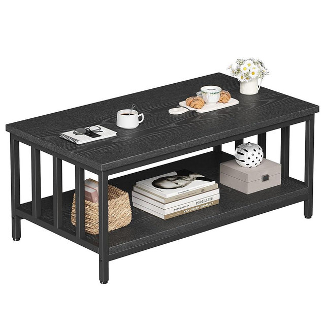 Coffee Table for Living Room with Slatted Sides Frame, Modern Farmhouse Living Room Table with 2-Tier Storage Shelf for Home Office, Apartment, 39 inch, Black