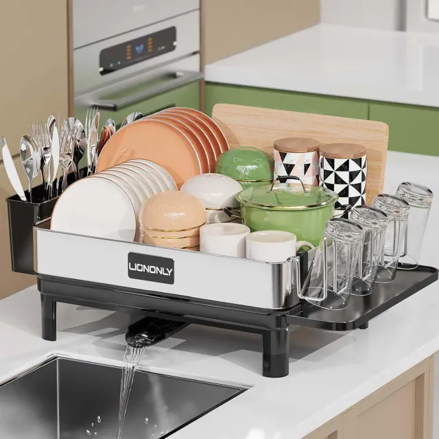 Expandable Dish Drying Rack for Kitchen Counter, Stainless Steel Dish Rack with Rotatable Spout, Utensil/Cup/Cutting Board Holders, Silver & Black