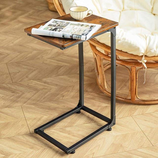 Aliha C Shaped End Table | C Table for Sofa with Rounded Corners | Slide Under Couch Side Table | Wood Top Metal Frame | Living Room Bedroom Bedside |