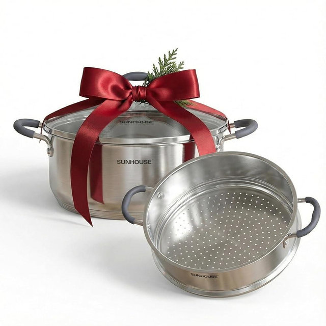 SUNHOUSE - 5.5 Quart Steamer Pots With Lid 2-Tier Multipurpose Stainless Steel Steaming Pot Cookware With Handle For Vegetable, Dumpling, Sauce, Food - Triple Bottom, Measurement Line