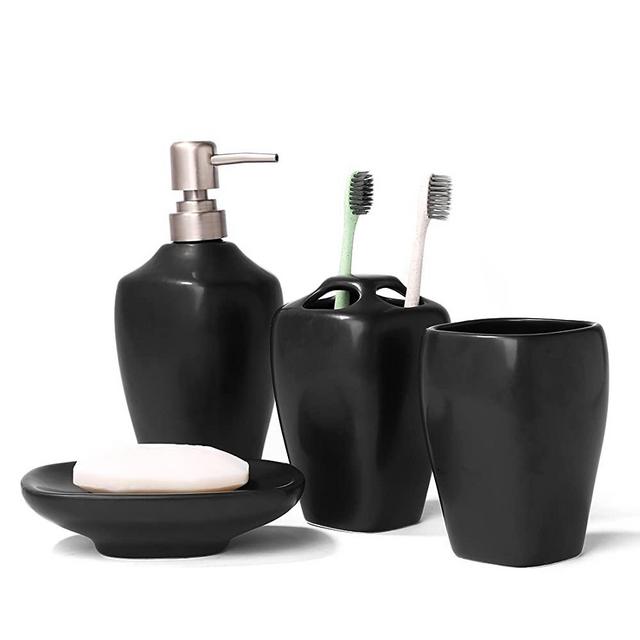 FORLONG FL3013 Ceramic Bathroom Accessories Set of 4:1 Gargle Cups,1 Toothbrush Holders,1 Soap Dishes,1 Soap Dispenser（Black Mate）