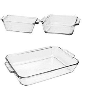 Anchor Hocking Glass Baking Dishes for Oven, 3 Piece Set (3 Qt Glass Casserole Dish, Cake Pan, and Bread Pan)