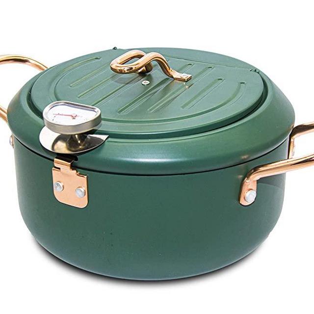 RanRanStore Japanese Tempura Deep Fryer Pot with a Thermometer and a lid, 8" Dia, Cast Iron with nonsitck, Fried tempura/chicken/fish/shrimp/meat ball, Great Frying Pot (Green Black), Small Deep Fryer