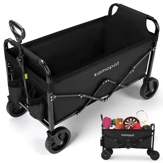 Kamopot Collapsible/Folding Wagon Cart for Grocery, Beach, Outdoor, Garden. Foldable Utility Shopping Cart on Wheels. Durable, Large Capacity & 300lb Heavy Duty w/Cupholders (Ultra Wagon - Black)