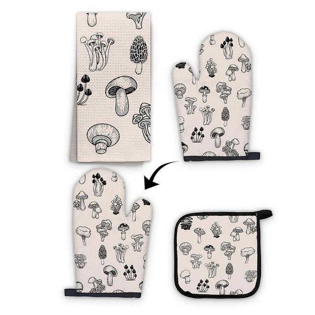 OHSUL Mushroom Kitchen Towels and Oven Mitt Pot Holder Set, Beige Mushroom Kitchen Decor and Accessories, Mushroom Gifts for Women Heat Resistant Oven Gloves Hot Pads Hand Towels for Kitchen