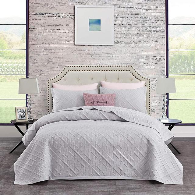 CHIXIN Quilt Set Queen Size, Light Grey Quilted Bedspread Lightweight Coverlet Set, 3 Piece Soft Reversible Thin Comforter Bedding Sets (Includes 1 Quilt, 2 Shams) - Solid Windowpane Pattern