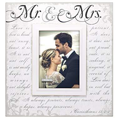 Malden International Designs Silkscreened Corinthians Verse Mr & Mrs Wood Picture Frame, 5x7, Off White