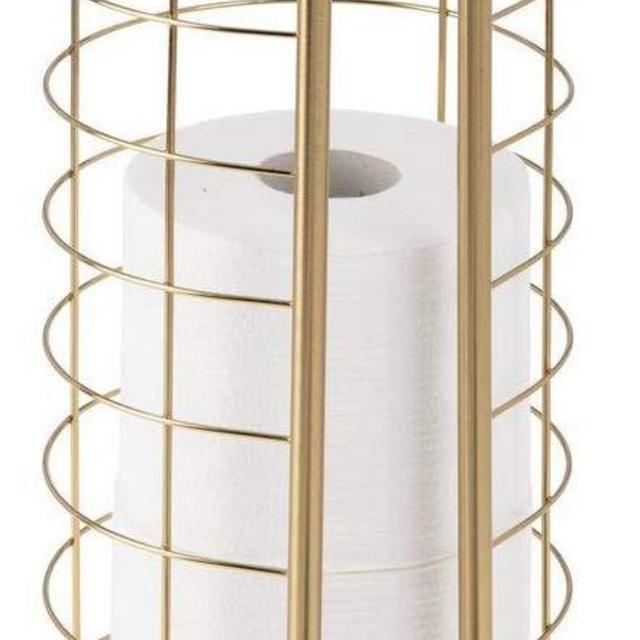 mDesign Decorative Metal Free Standing Toilet Paper Holder Stand with Storage for 3 Rolls of Toilet Tissue - for Bathroom/Powder Room - Holds Mega Rolls - Soft Brass