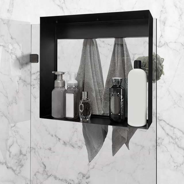 ALTA AQUA Hanging Shower Shelf with Hooks for Shower Glass Panels | 20"x16" Matte Black 304 Stainless Steel | Bathroom Caddy |No-Drill, No-Rust, Modern Design