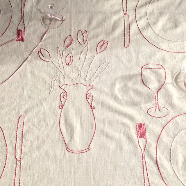 Wedding gift hand-embroider tablecloth red and pink with vase with tulips, plates,fork,knife,candle stick, strawberries,message can be added