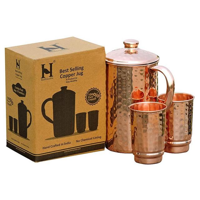 HealthGoodsIn - Pure Copper (99.74%) Hammered Water Jug with 2 Hammered Copper Tumblers | Copper Pitcher and Tumblers for Ayurveda Health Benefits